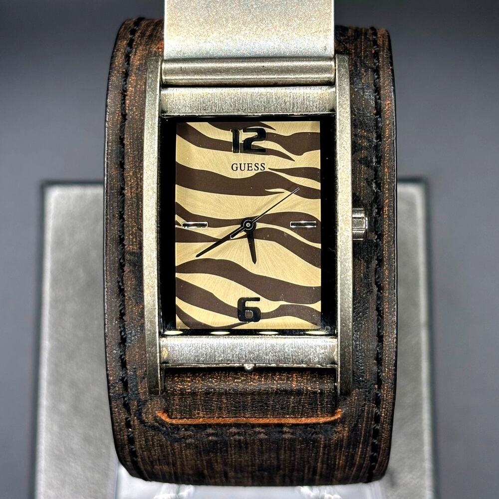 Vintage GUESS G55342L Armored Tiger Leather Cuff Flip Cover Y2K Watch